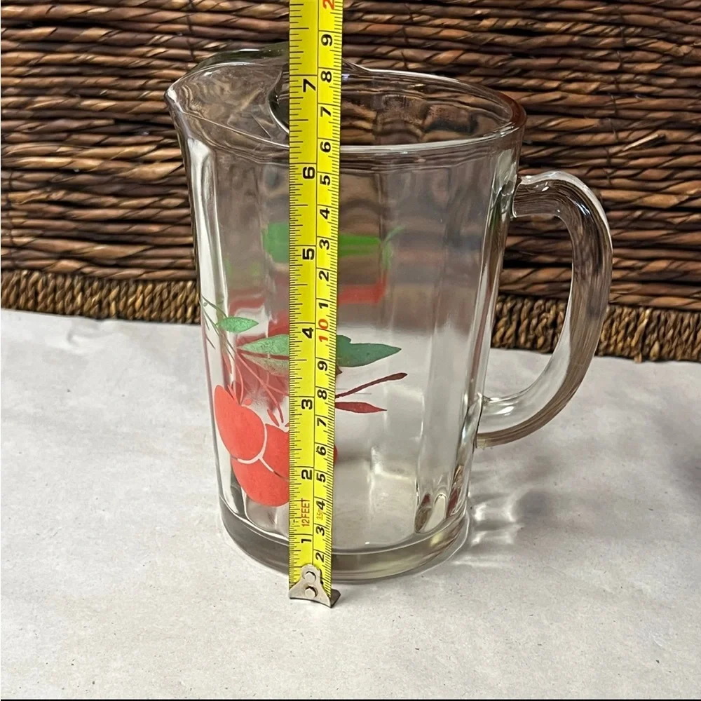 Vintage Glass Juice Ice Lip Pitcher With Cherry Motif